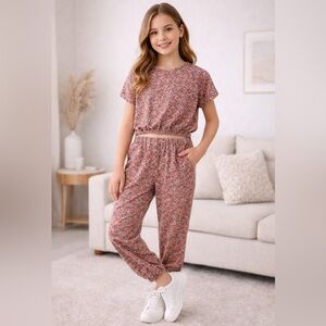 Bearpaw Girl’s Floral Lounge Set Short Sleeve Top Jogger Pants Pink Size 10/12